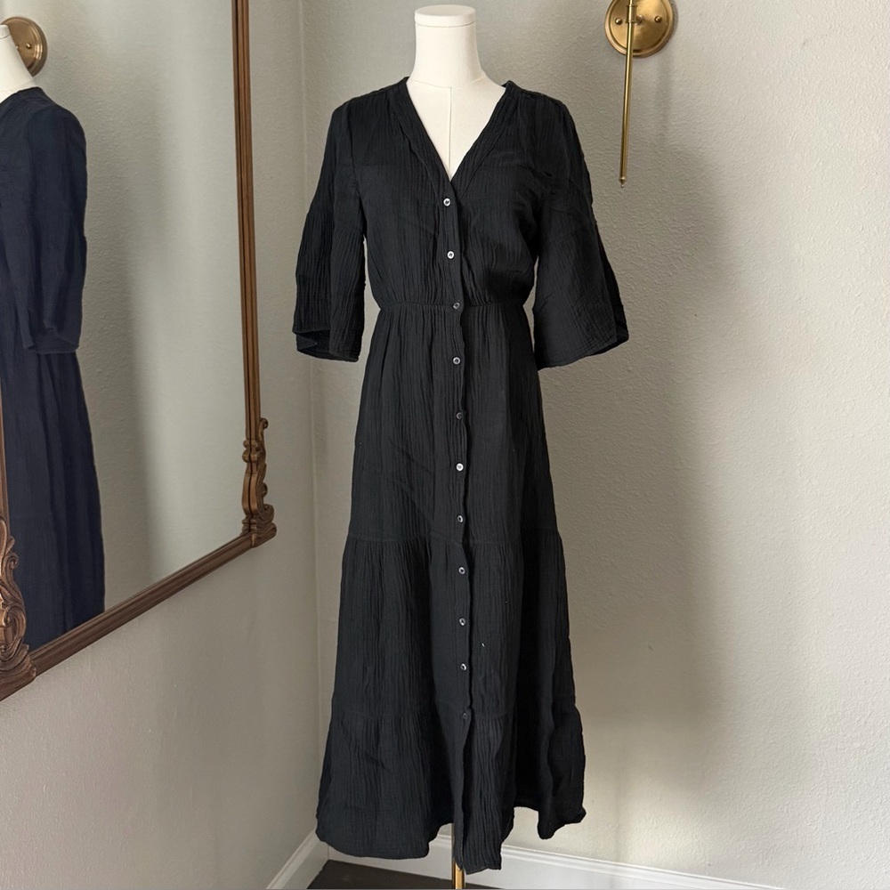 Saks Fifth Avenue Linen Dress S Black Maxi Tiered Made In Italy Gauze Boho Chic
